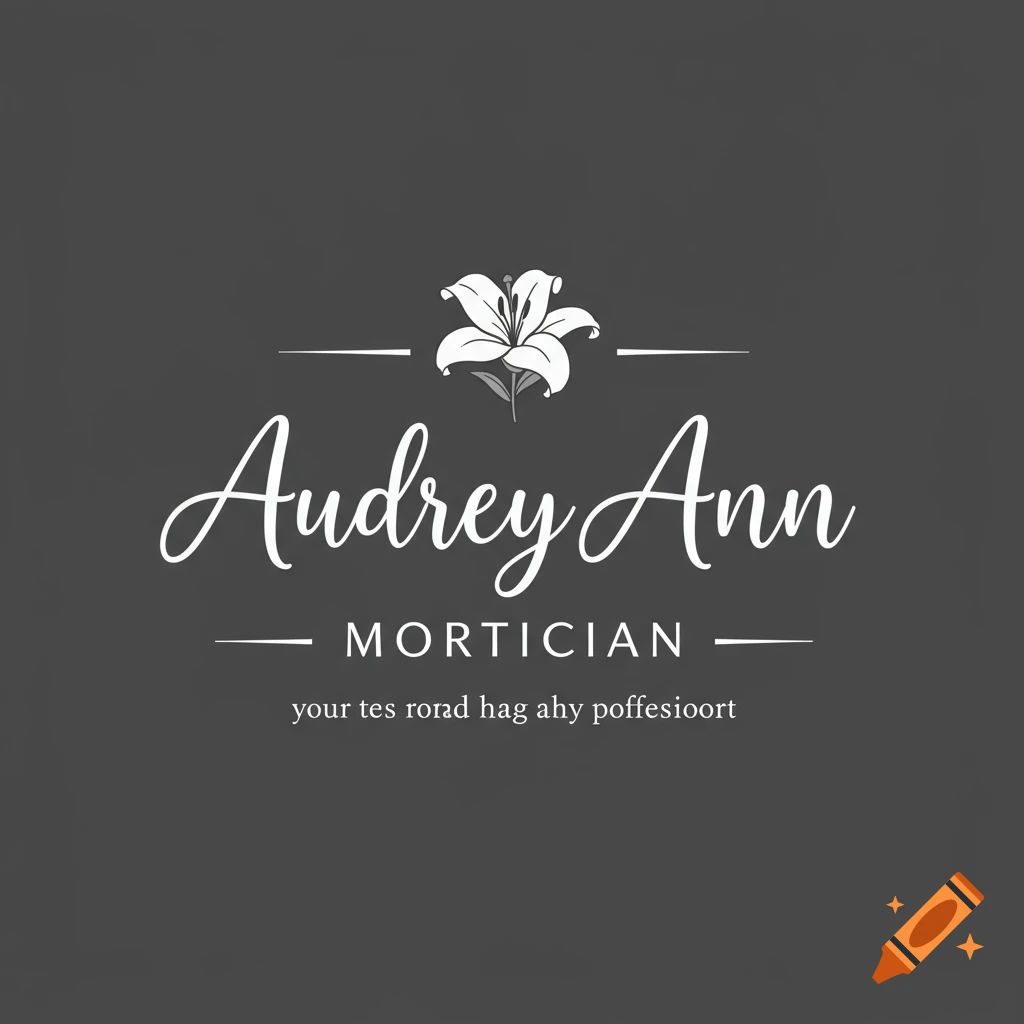 A black and white logo with the name Audrey Ann Mortician and a lily flower on a grey background.