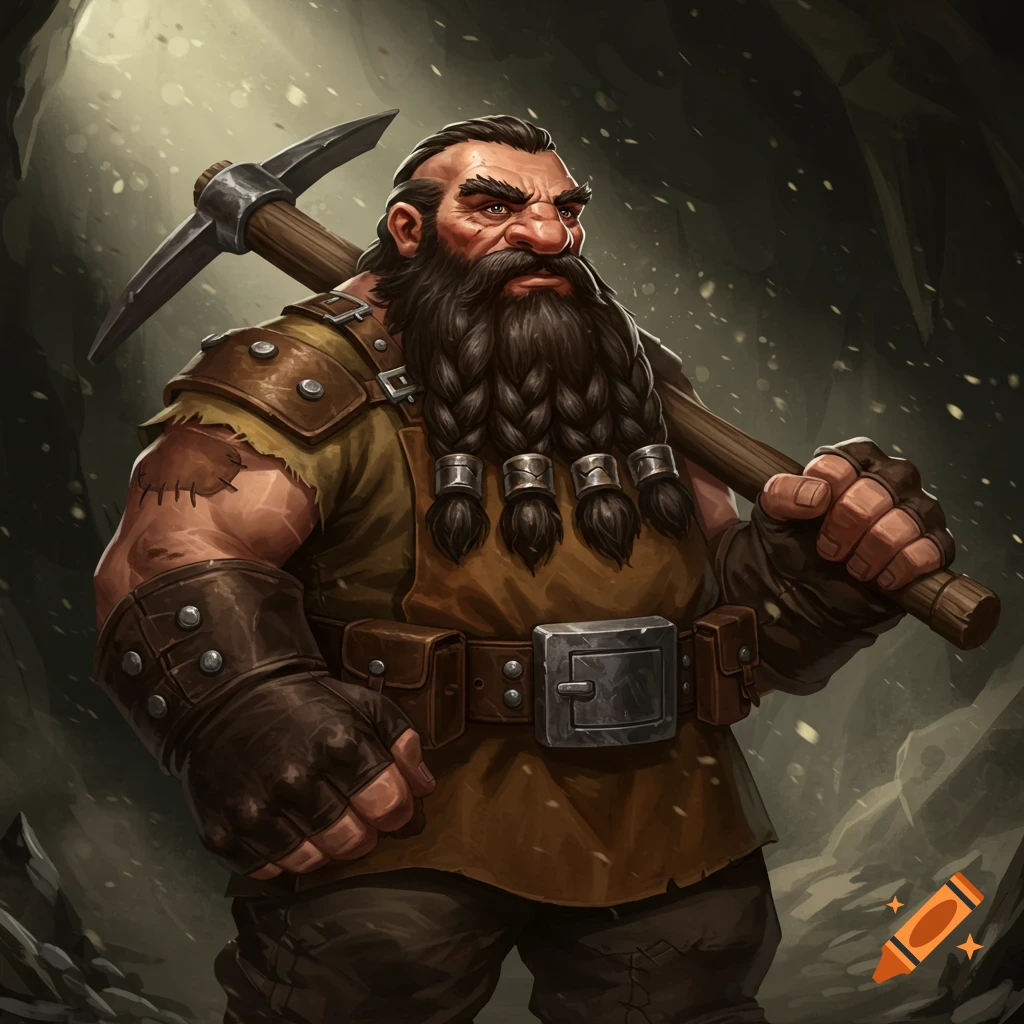 A fantasy art portrait of a muscular dwarf miner with a braided beard, holding a pickaxe over his shoulder.