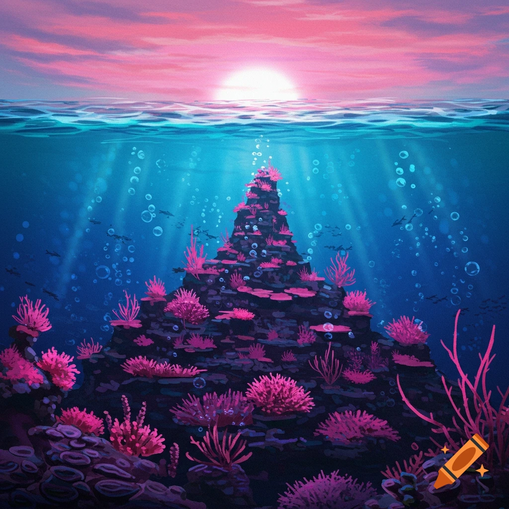 Stylized view of a vibrant pink coral reef underwater with sunbeams streaming down and a pink sunset sky above the surface.