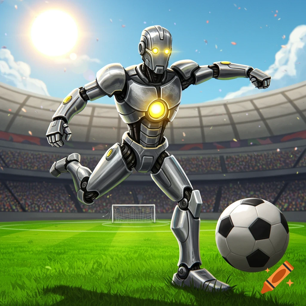 A metallic robot kicks a soccer ball in a stadium.