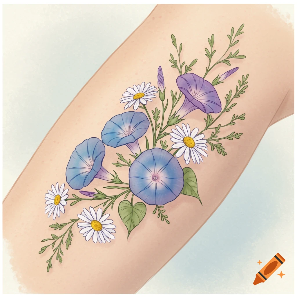 Illustration of morning glories and daisies tattooed on skin.