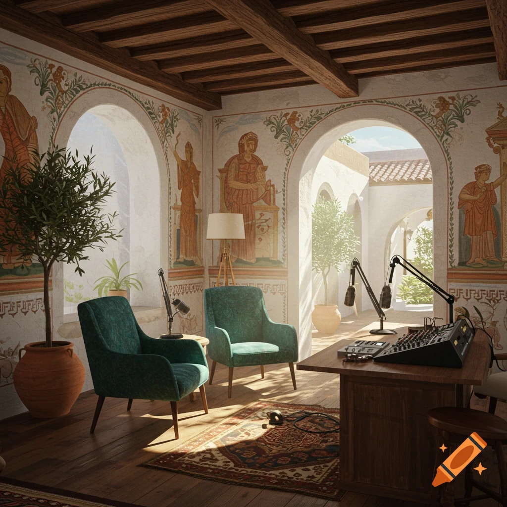 A room decorated in a Greek style with murals on the walls, featuring two chairs, a table with podcast microphones and mixer, and a large plant.