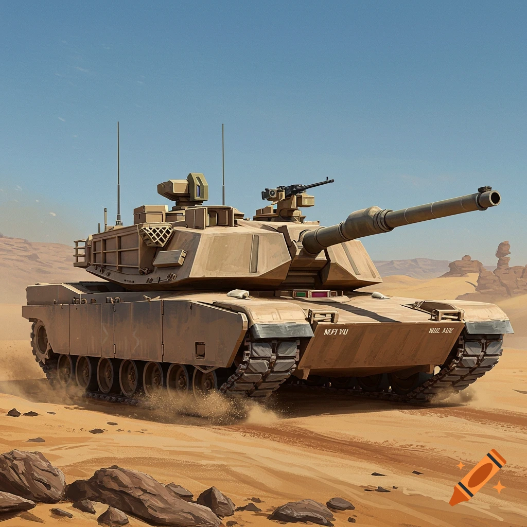 An M1 Abrams tank drives through a dusty desert landscape.