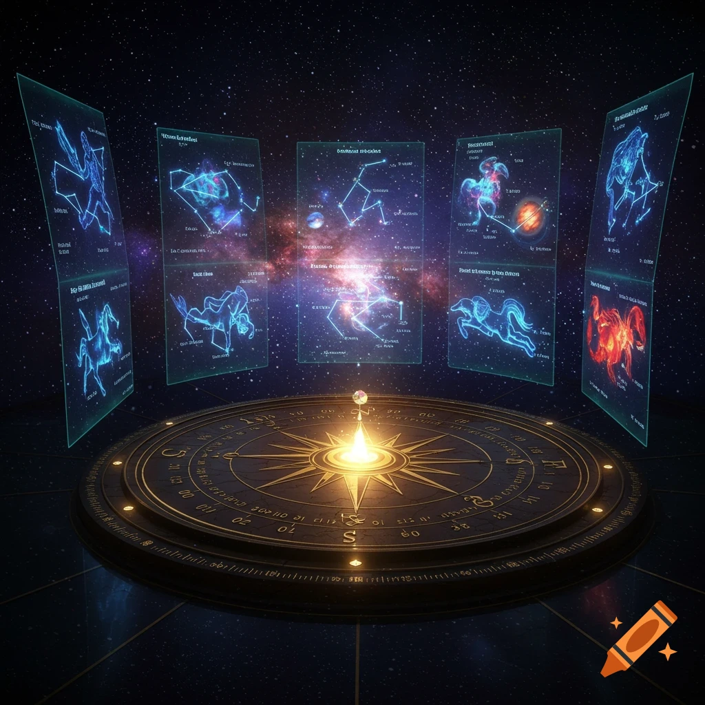 A detailed compass on a platform surrounded by glowing screens displaying constellations in space.