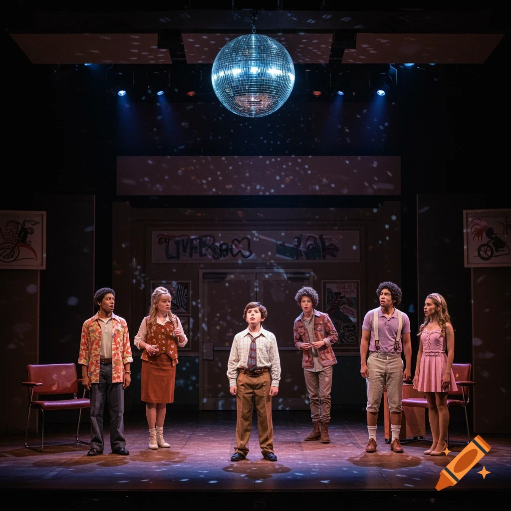 A group of young actors stand on a stage under a large disco ball, performing a play.