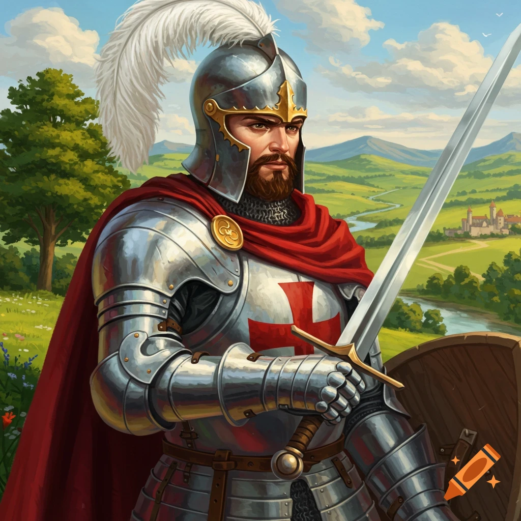 A knight in shining armor with a red cape holds a sword in a field with a castle in the distance.