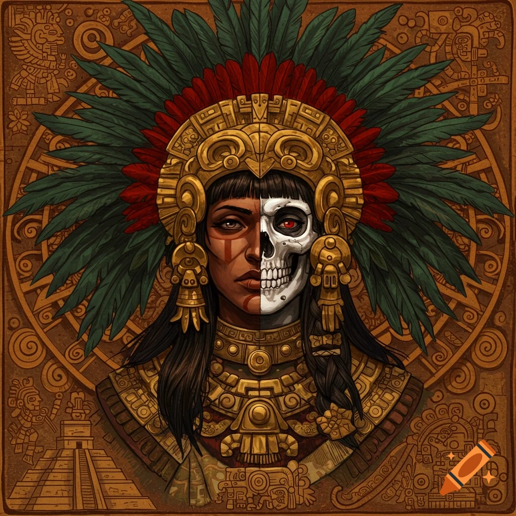 Aztec woman deity portrait with half face half skull, wearing golden headdress and jewelry, against Aztec art background.