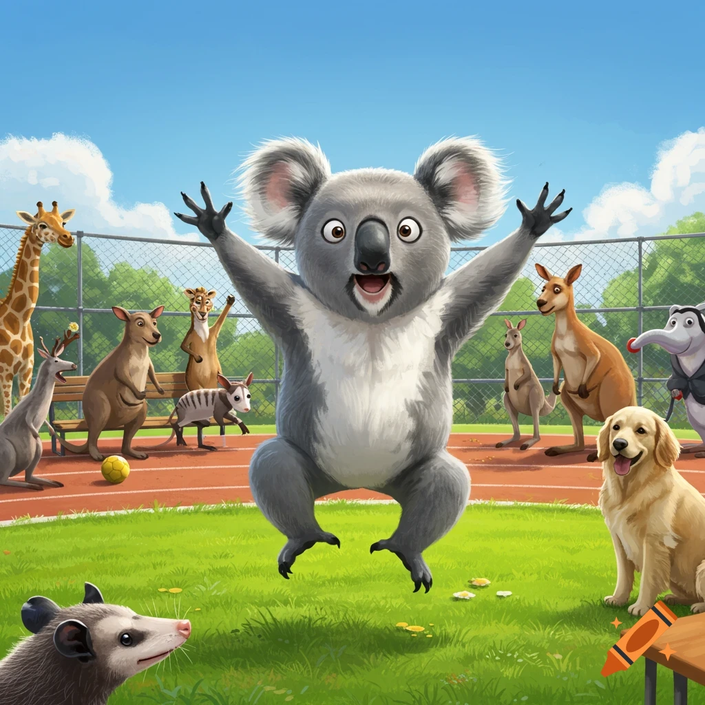 Excited cartoon koala jumps on a sports field with other animals watching.