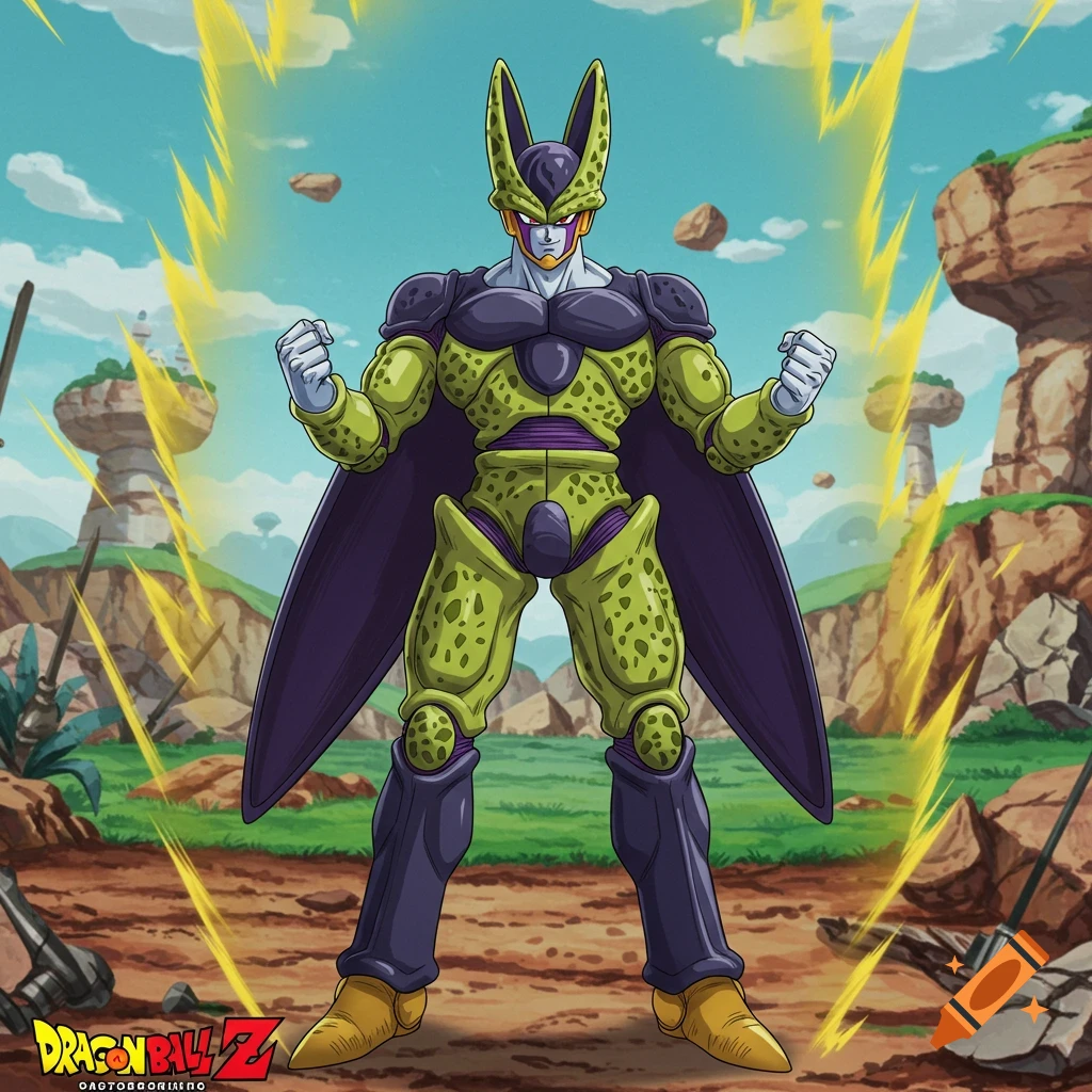 Perfect Cell from Dragon Ball Z stands in a rocky, grassy landscape with energy crackling around him.