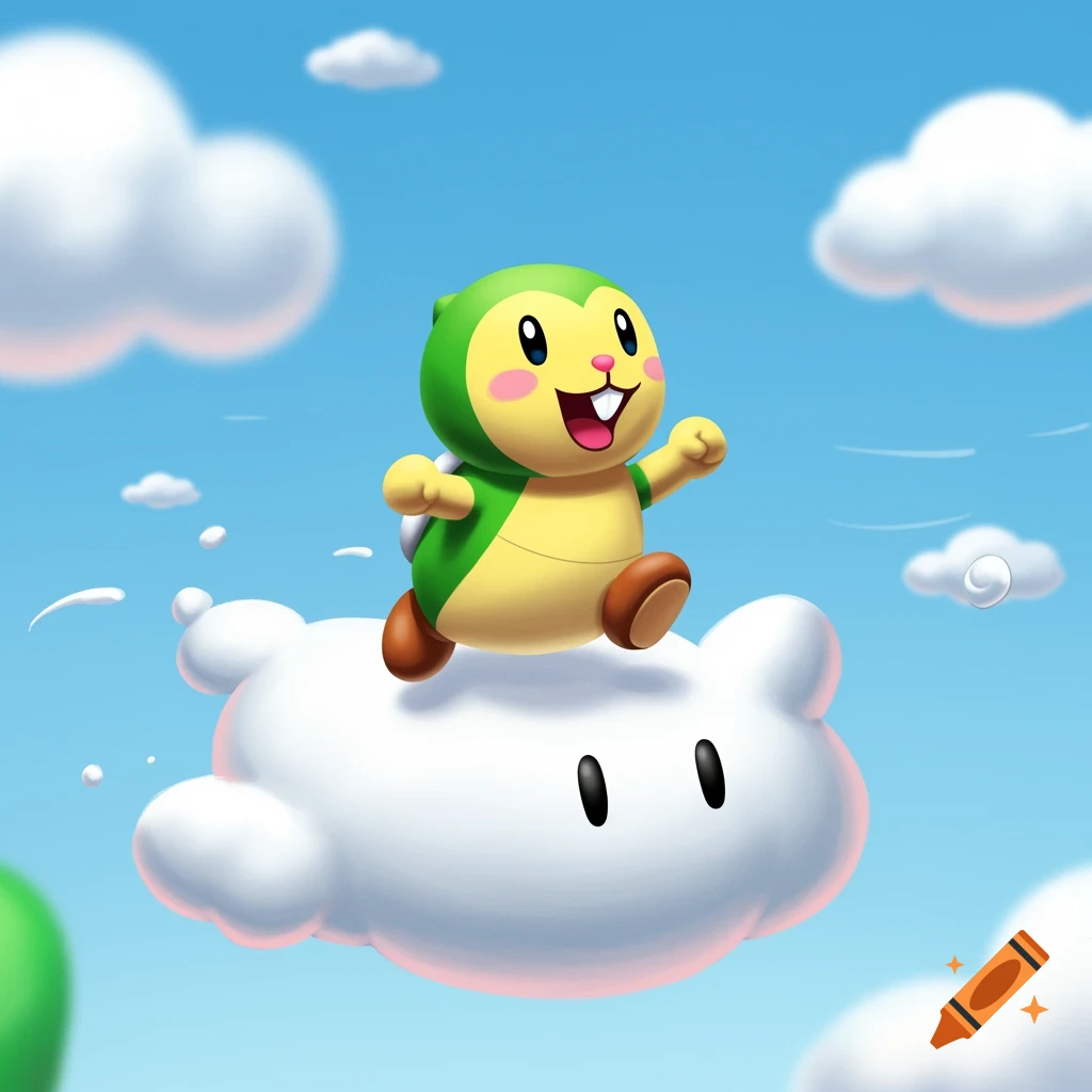 Happy cartoon turtle character running on a cloud against a blue sky.