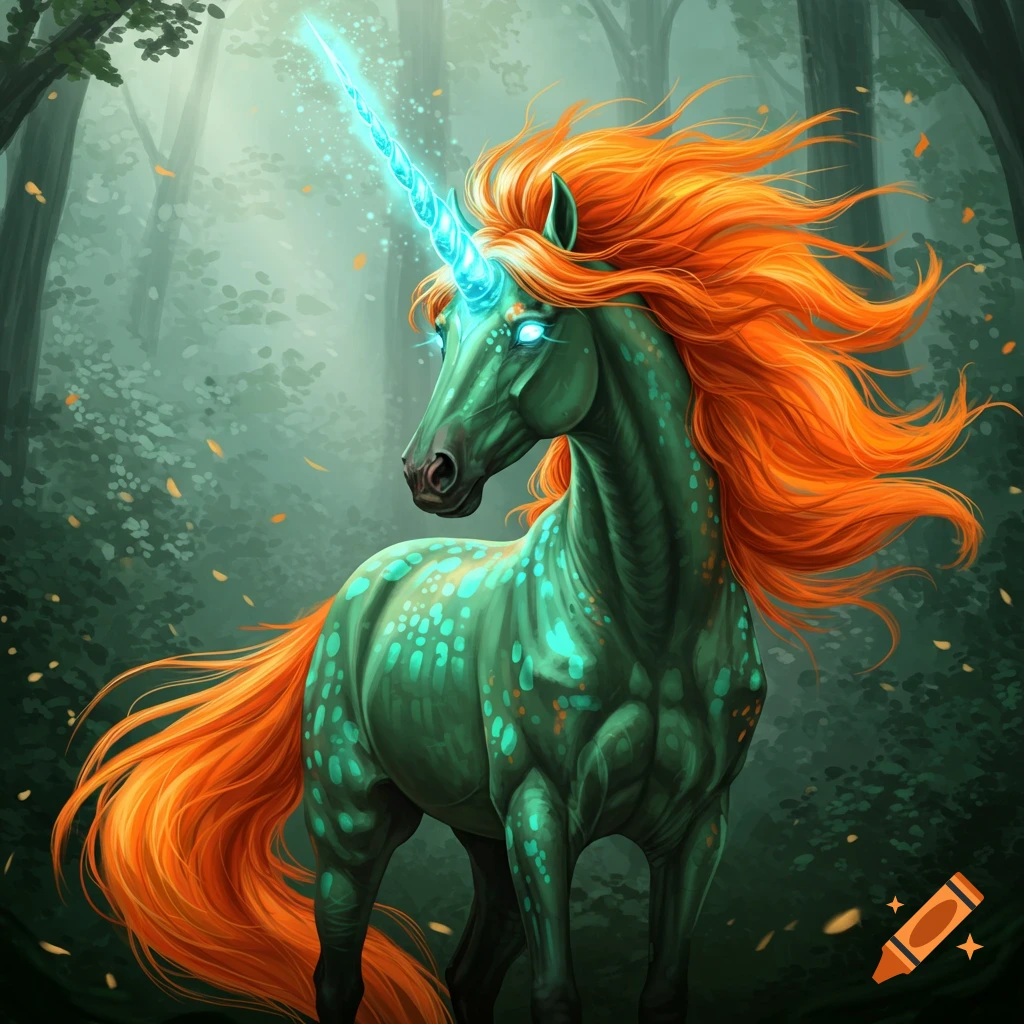 A glowing green unicorn with orange mane and tail stands in a forest.