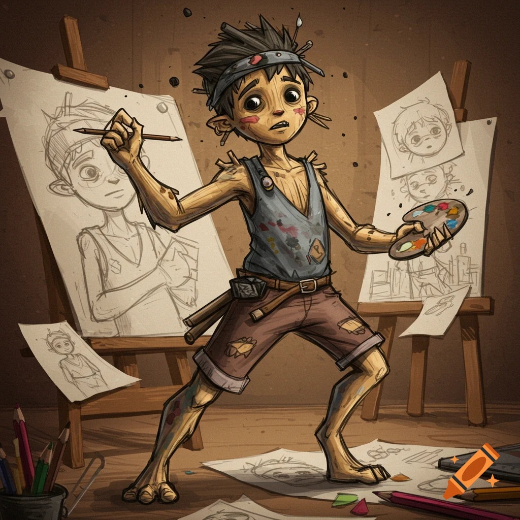 A stylized, cartoonish character resembling a drawing holds a pencil and palette while working on sketches at easels.