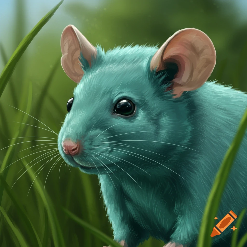 Close-up illustration of a turquoise mouse in tall green grass.