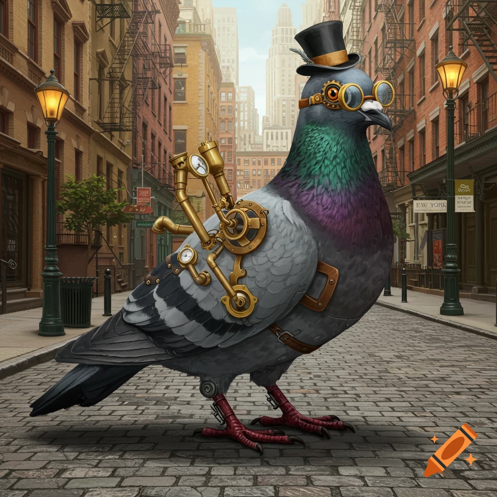 Steampunk pigeon wearing a top hat and goggles stands on a cobblestone city street.