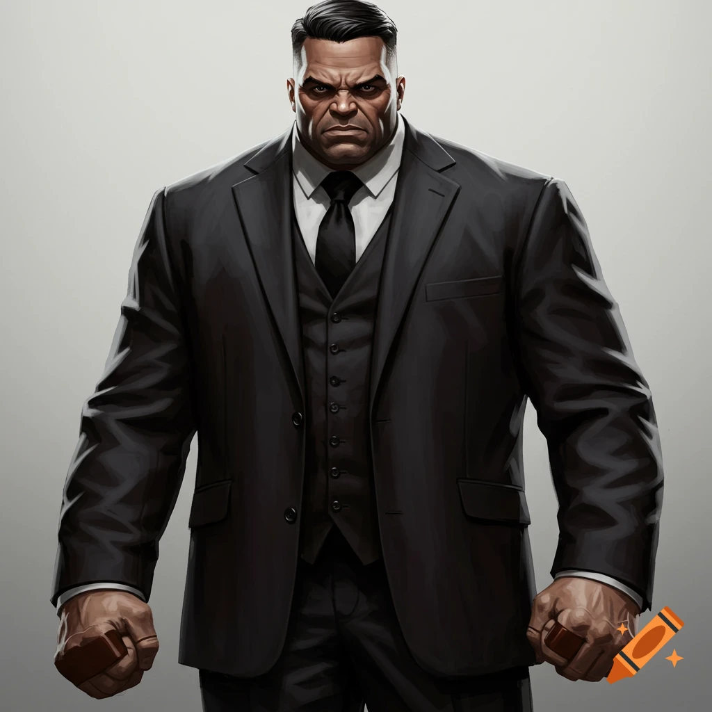 Illustration of a large muscular man in a black suit.