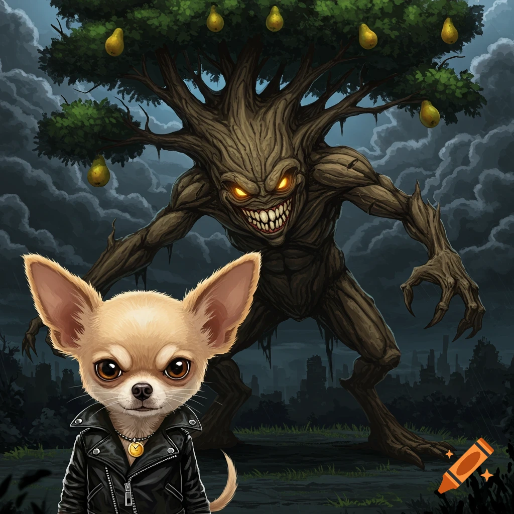 Chihuahua in leather jacket and scary tree monster in a dark fantasy landscape.