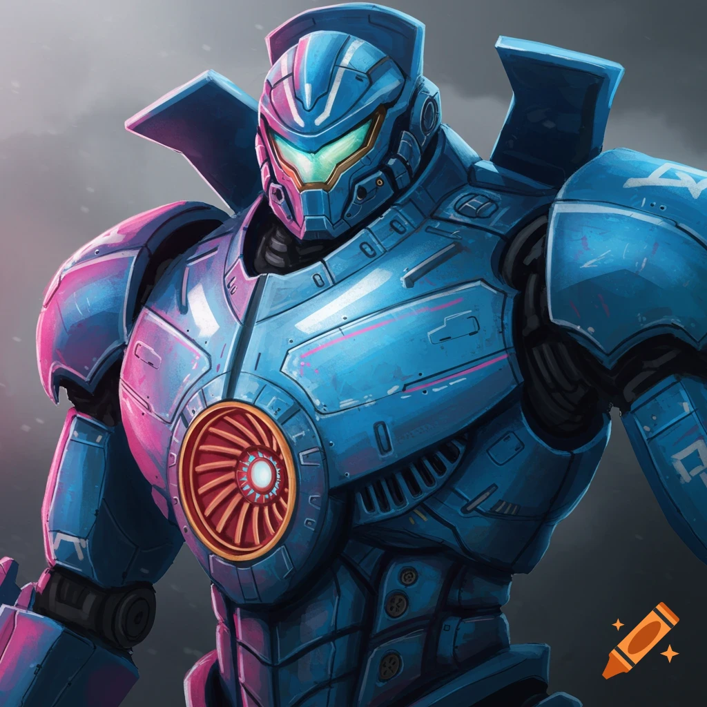 Close-up of a blue robot (Jaeger) with pink and white accents.