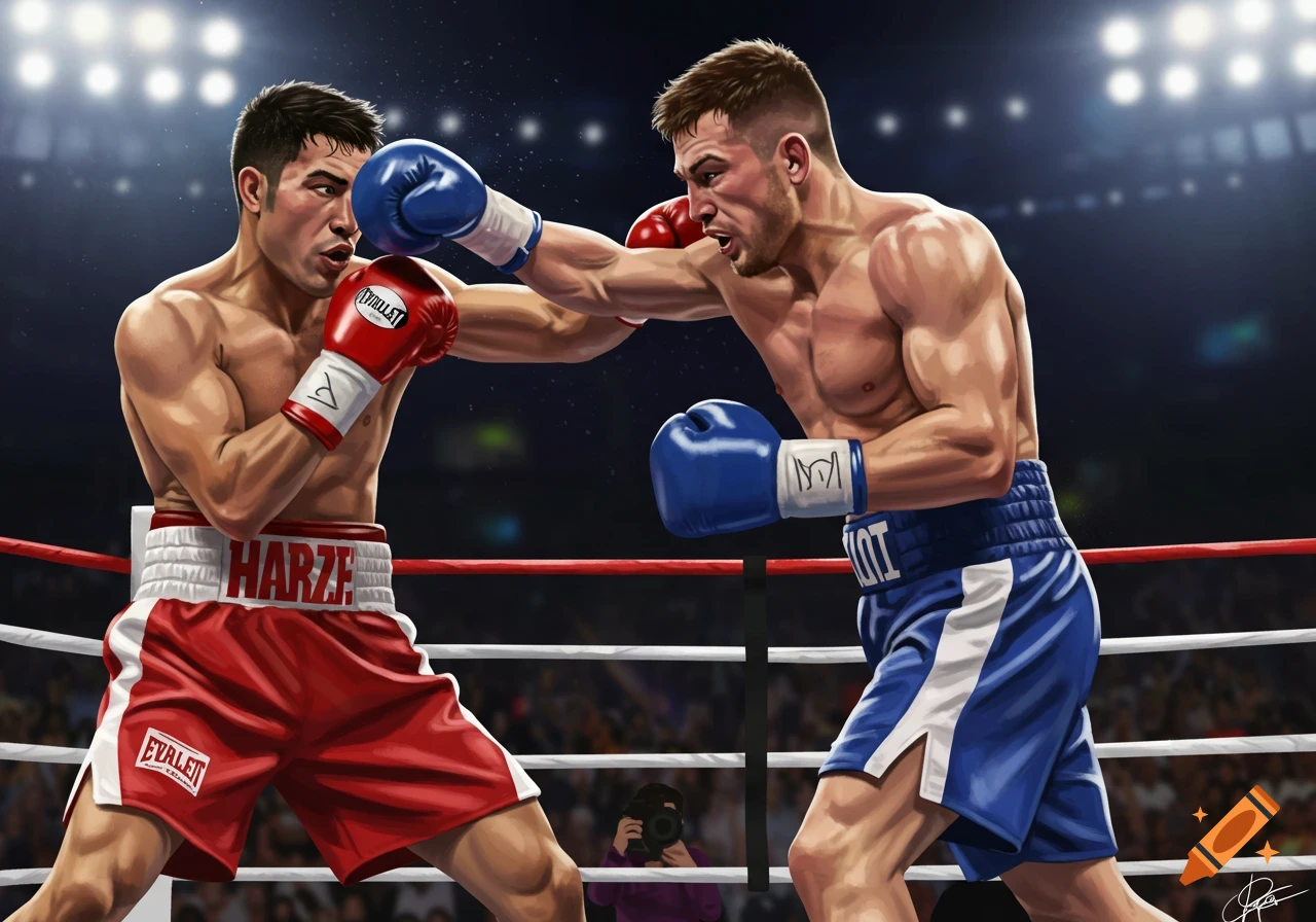 Two boxers trading punches in a ring, illustration style