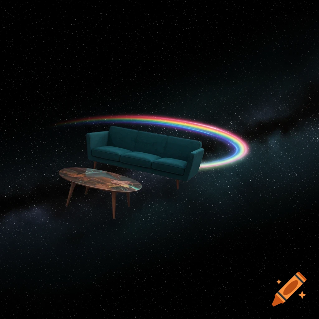 A teal couch and coffee table floating in space with a rainbow behind them.