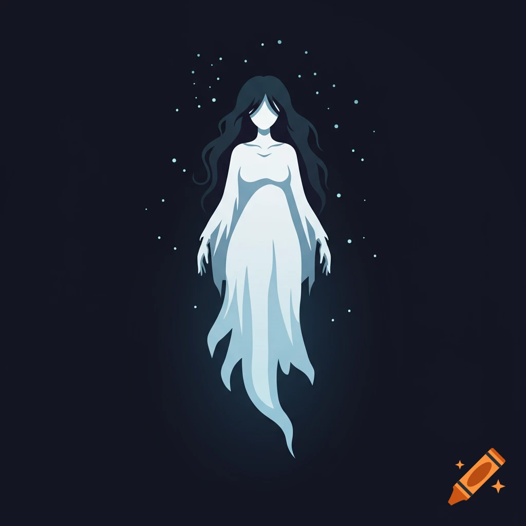 A stylized illustration of a floating ghost with long dark hair and a white dress against a dark background.