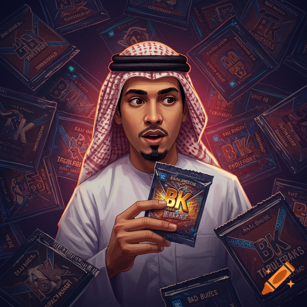 An illustration of a man in traditional clothing holding a trading card pack, surrounded by more packs.