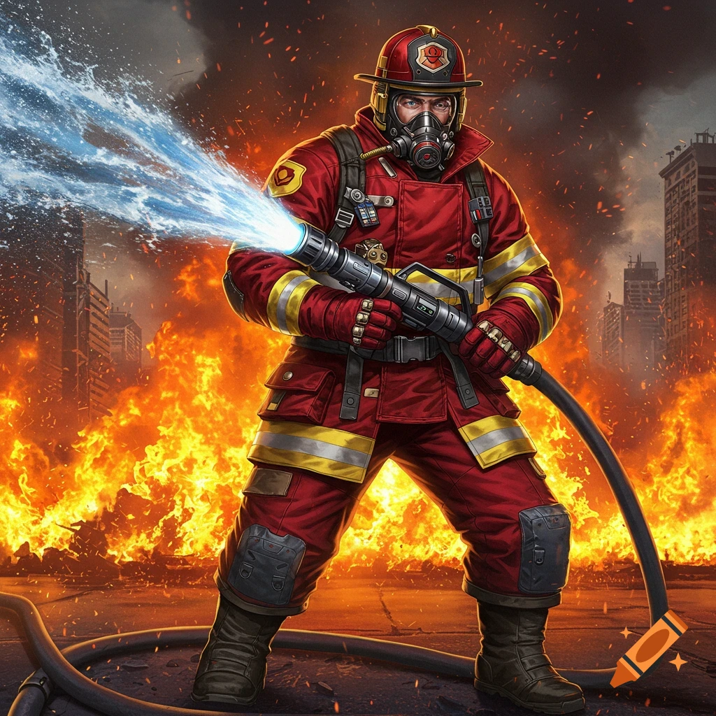 A firefighter in full gear sprays water from a hose into a massive fire burning in a city.