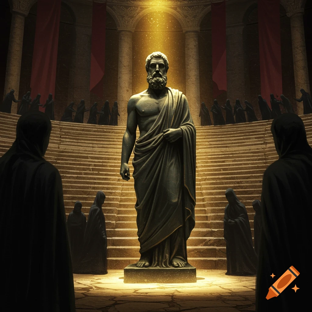 Statue of a Greek philosopher in a grand amphitheater, illuminated by golden light, with shadowy figures watching.