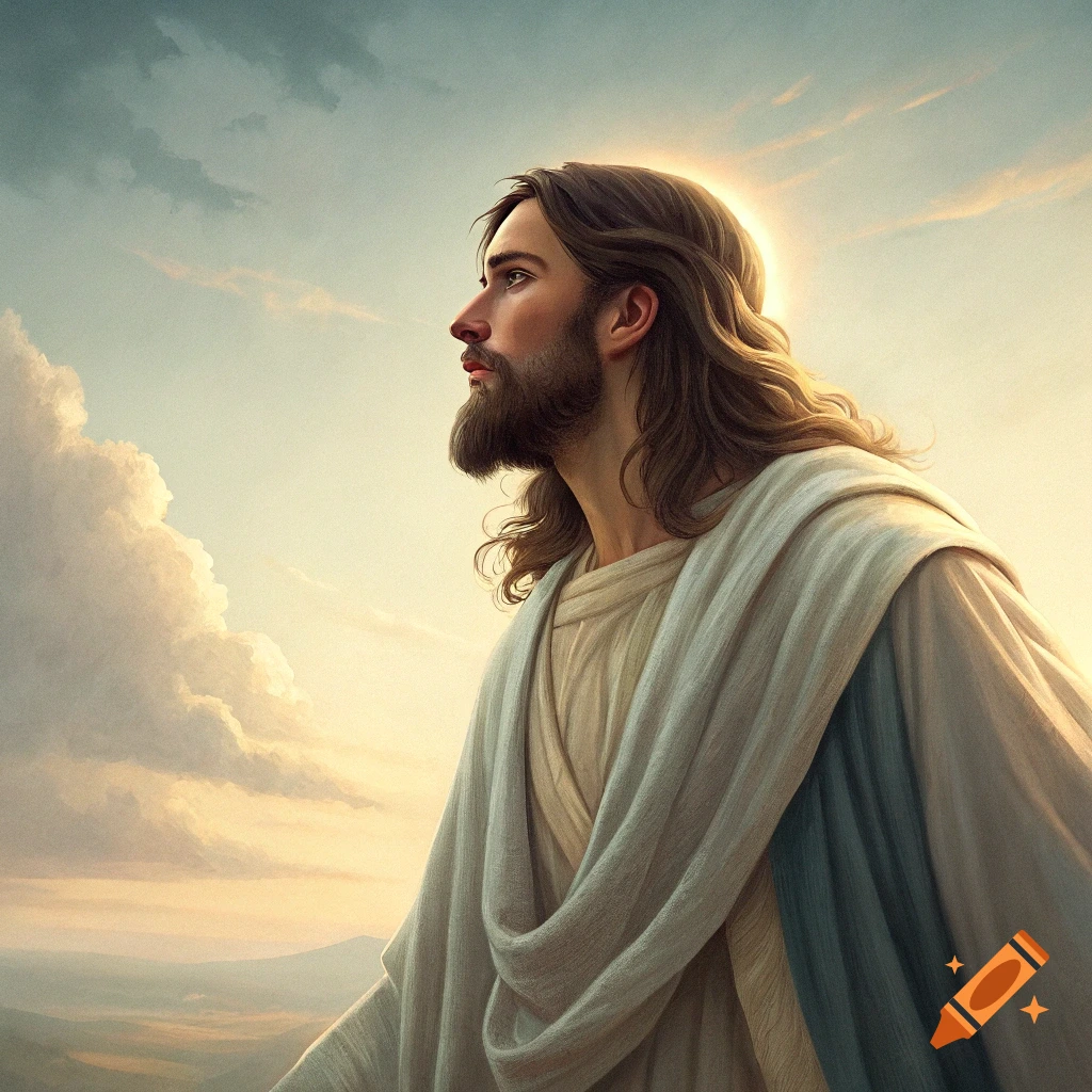Depiction of Jesus looking up at a cloudy sky.
