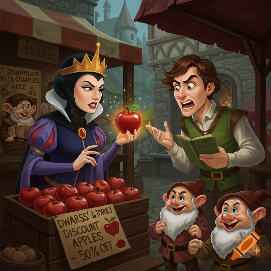 Cartoon illustration of the Evil Queen holding a glowing apple arguing with a man in a medieval market, with dwarfs selling apples.