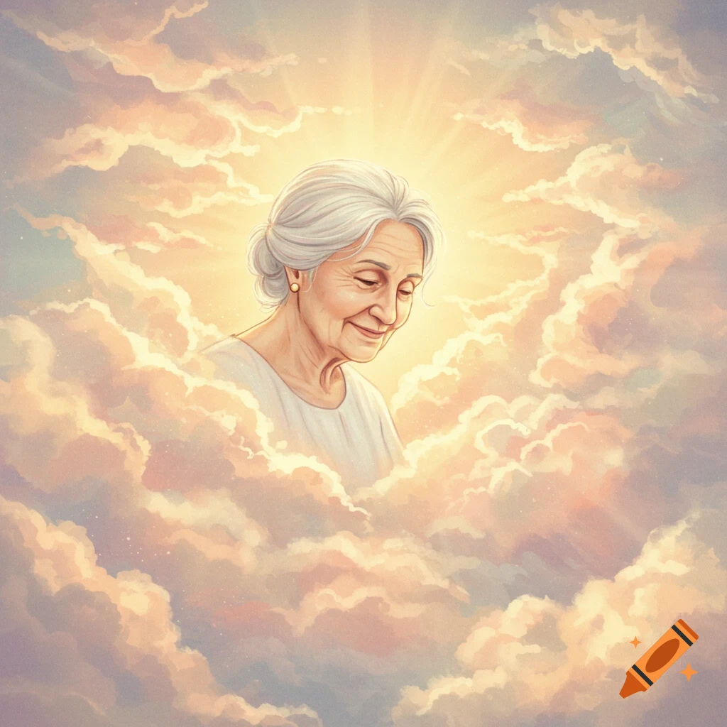 Illustration of an older woman smiling, surrounded by glowing light and soft clouds.