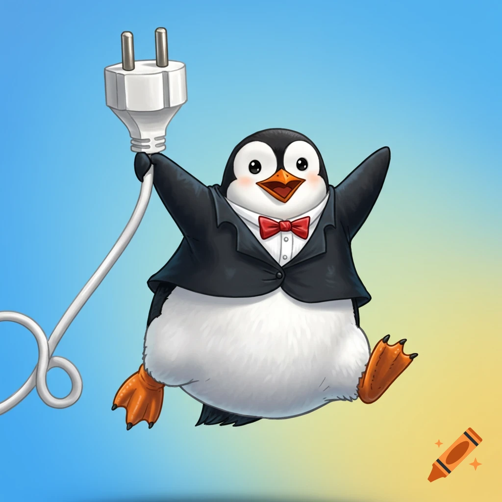 Happy cartoon penguin in tuxedo jumps while holding a plug.
