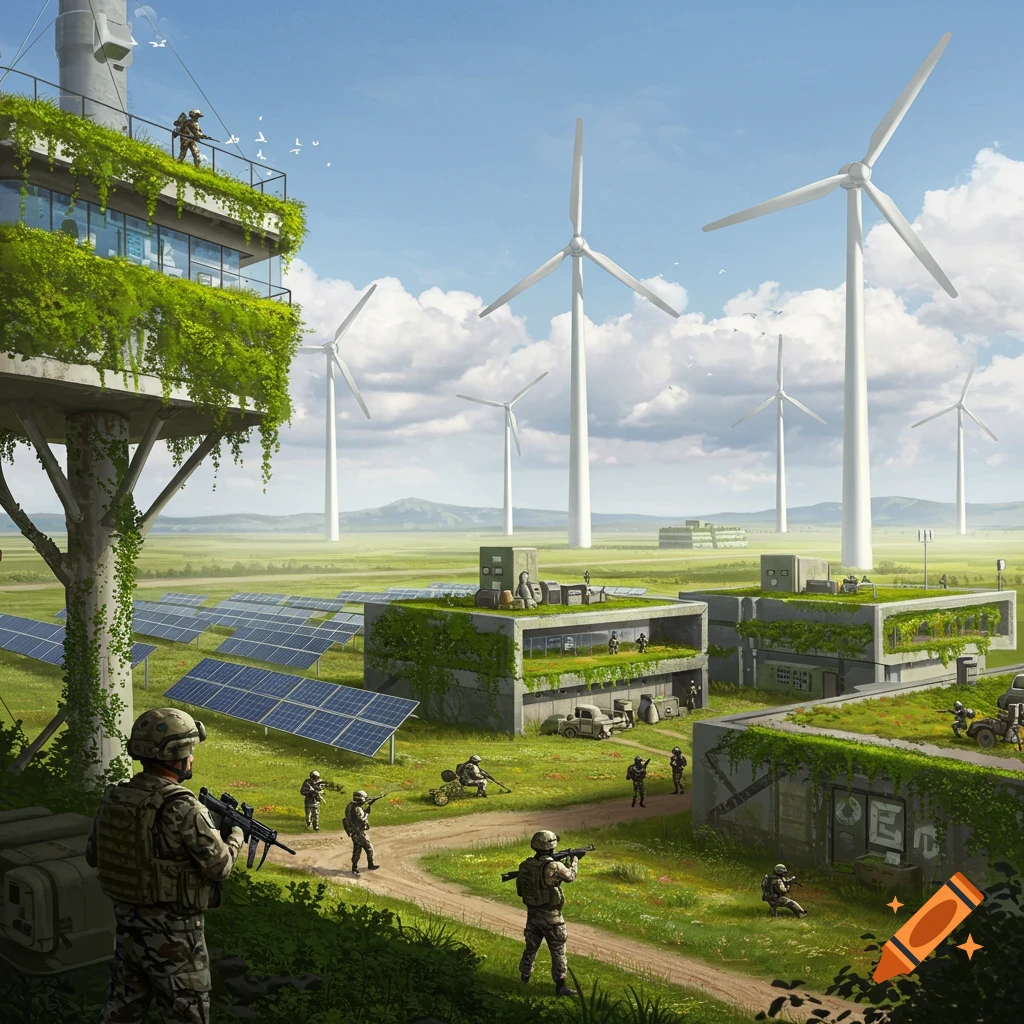 Military base with soldiers, solar panels, and wind turbines in a green landscape under a cloudy sky.