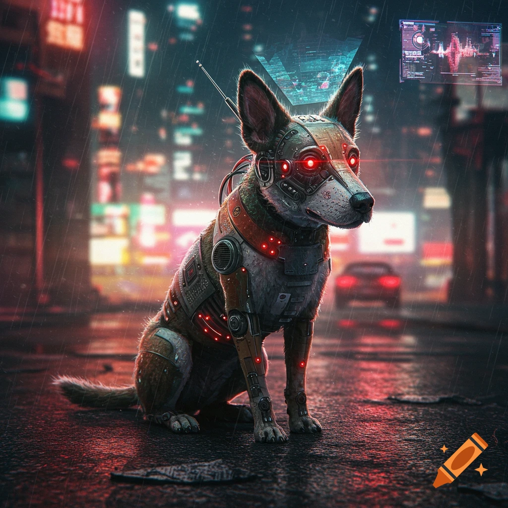 A cyborg dog with glowing red eyes sits on a wet street in a rainy cyberpunk city.