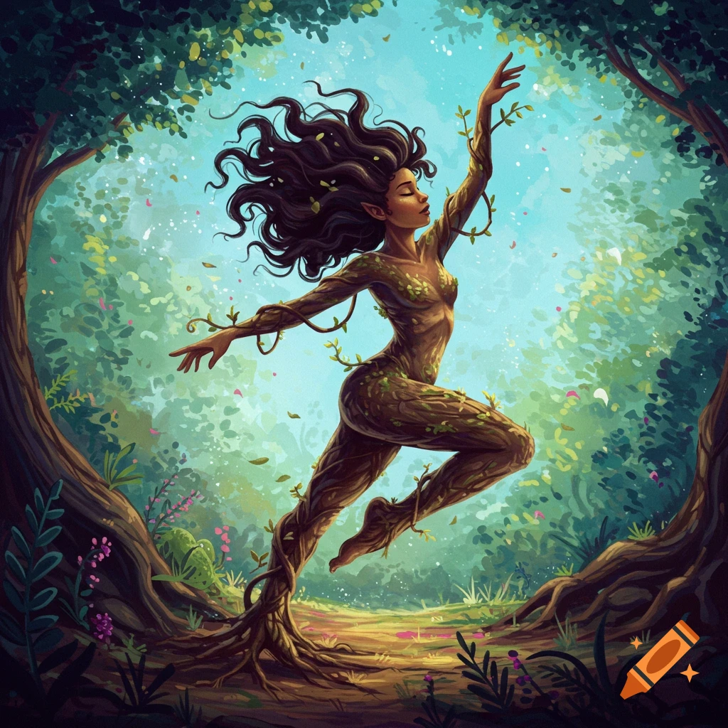 A nature spirit figure made of roots and leaves jumps in a sunlit forest, in a painterly style.