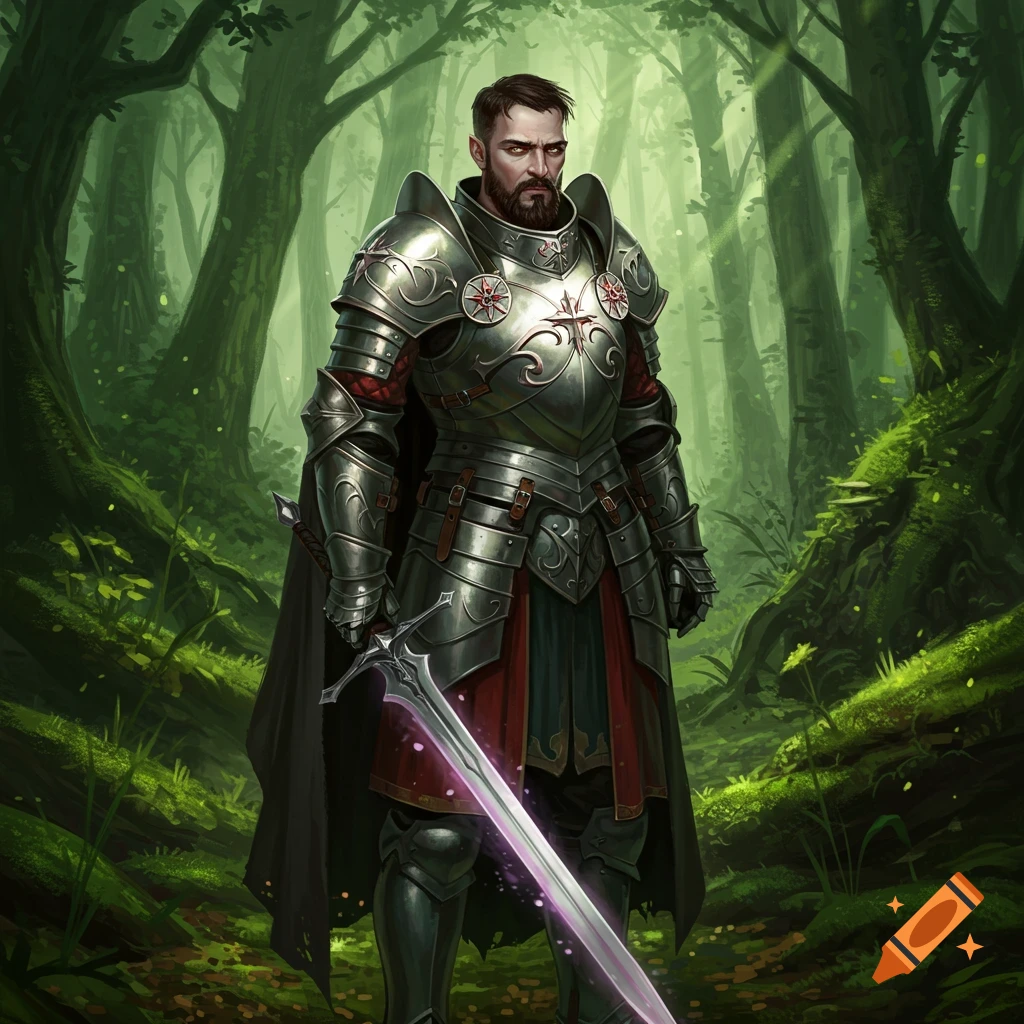 A fully armored male paladin stands in a dense forest holding a sword.