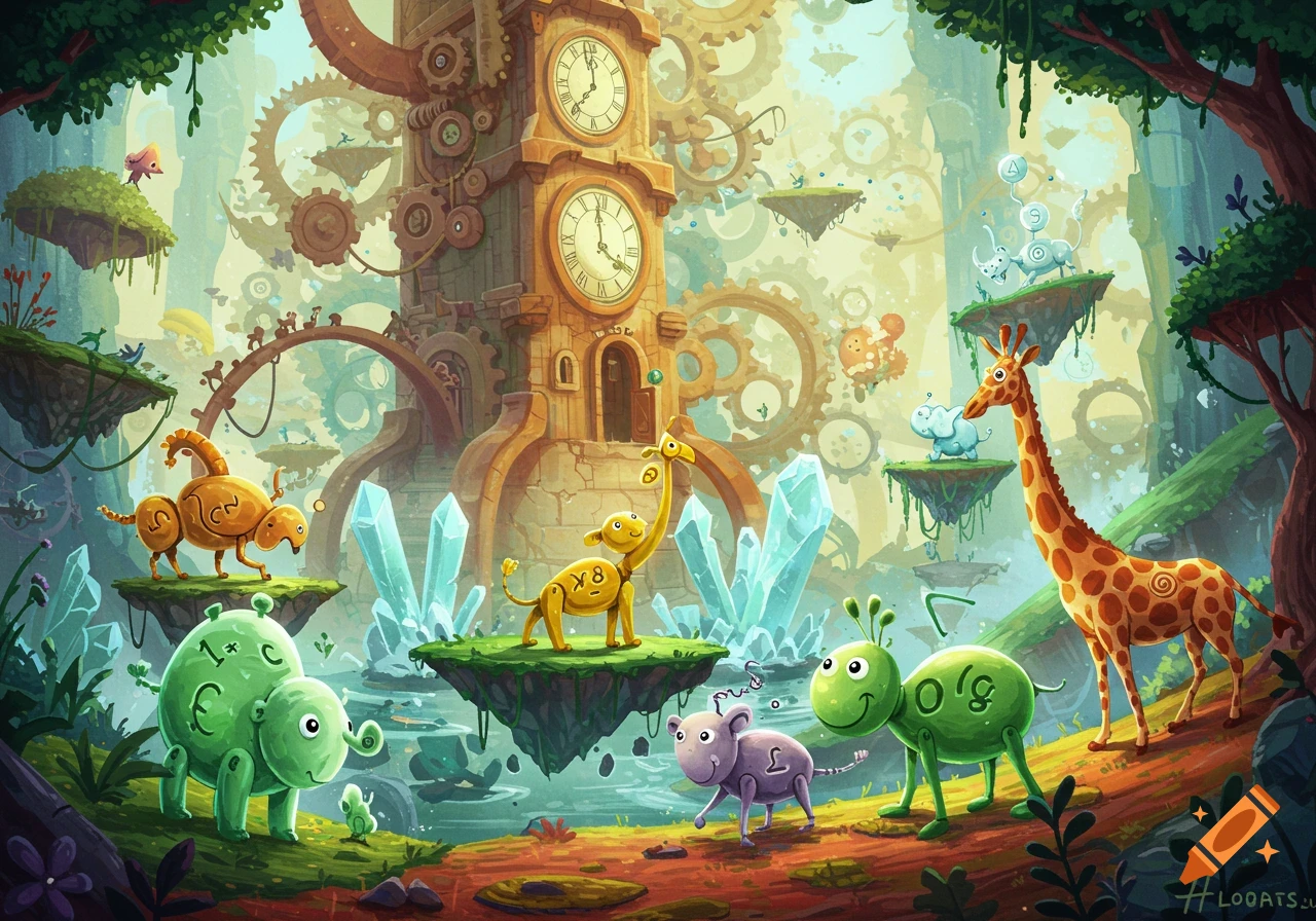 Cartoon fantasy illustration of mechanical animals in a landscape with a giant clock tower and gears.