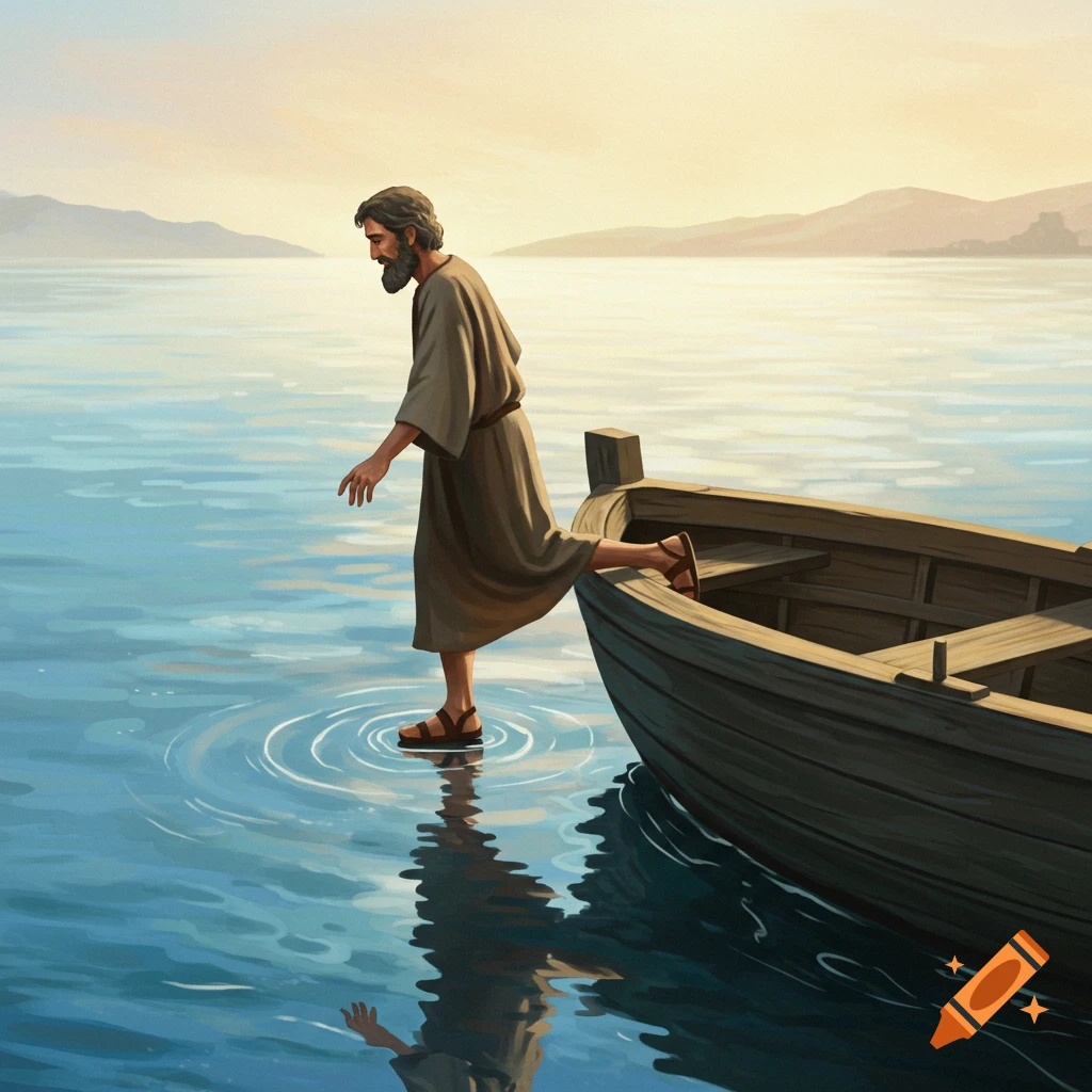 A man in a robe steps from a wooden boat onto the surface of the water, creating ripples, with mountains in the background.