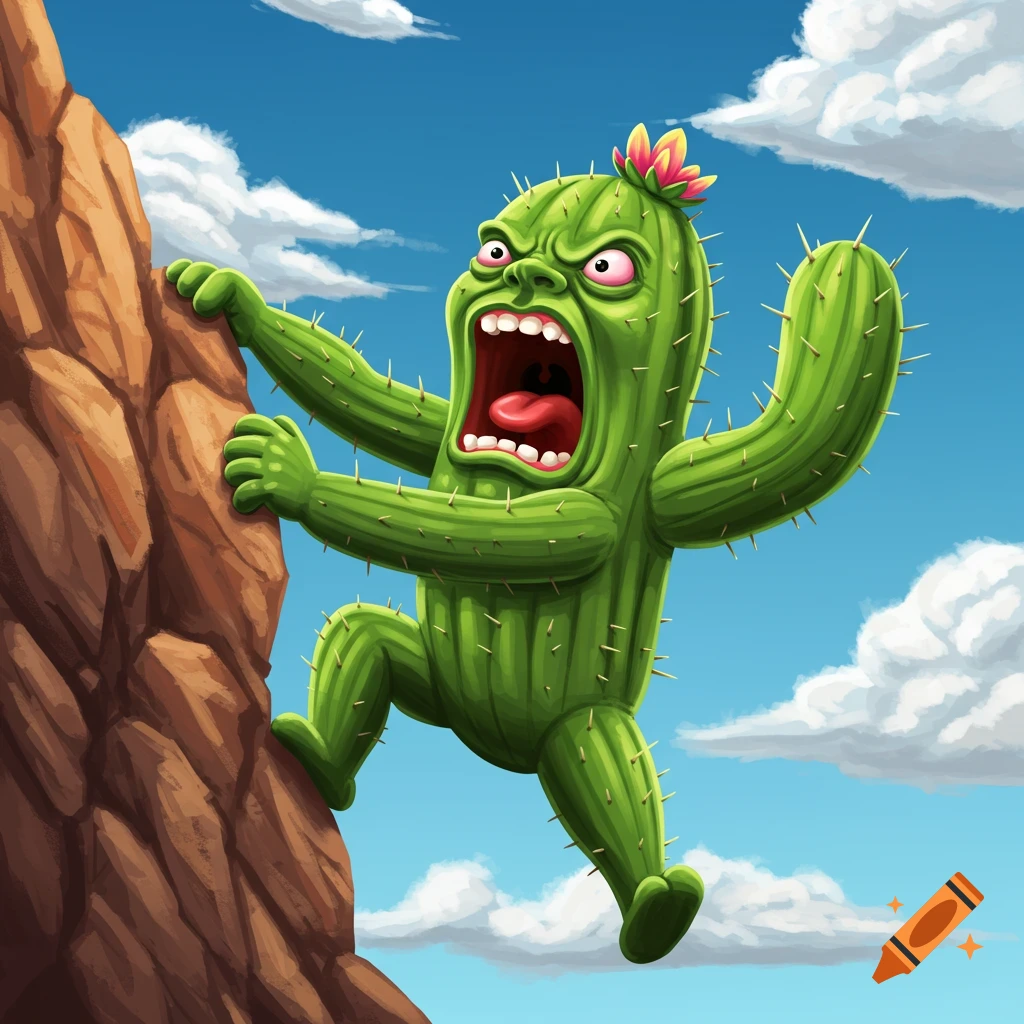 An angry cartoon cactus climbs a rock face under a blue sky with clouds.