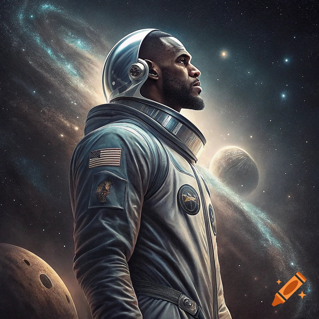 LeBron James as an astronaut in a space suit looking up at planets and stars.
