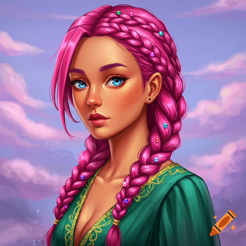 Stylized portrait of a woman with pink braided hair and blue eyes.