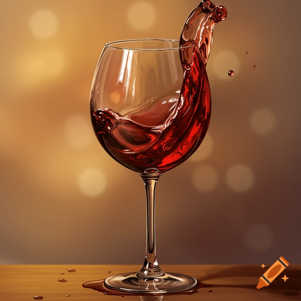 Red wine splashing out of a glass on a wooden table.