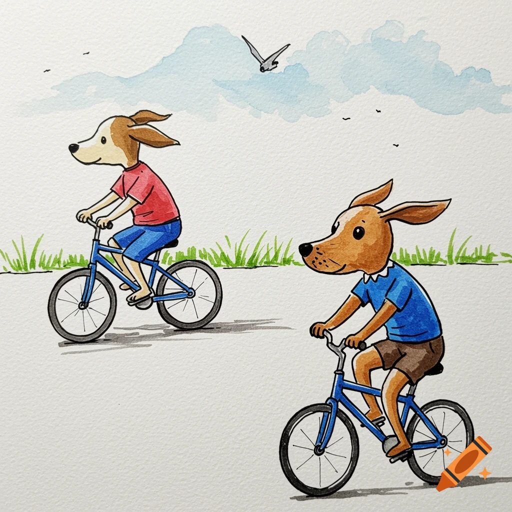 Illustration of two cartoon dogs riding bicycles outside