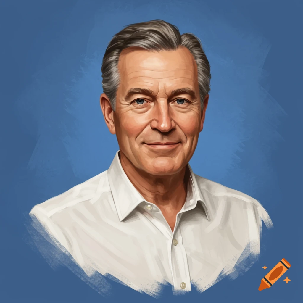 Painterly portrait of an older man with gray hair and blue eyes wearing a white shirt against a blue background.