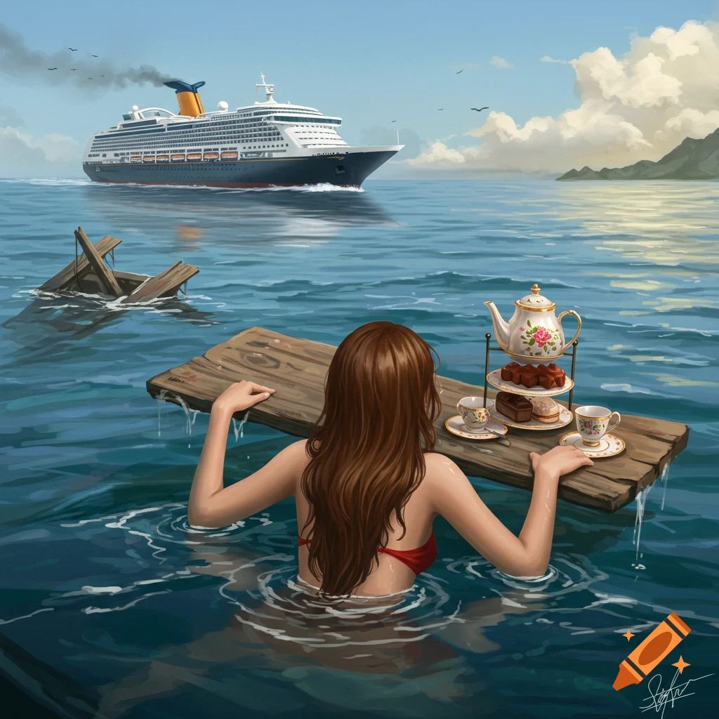 Painting of a woman floating on a plank in the ocean with a tea set as a cruise ship passes by.