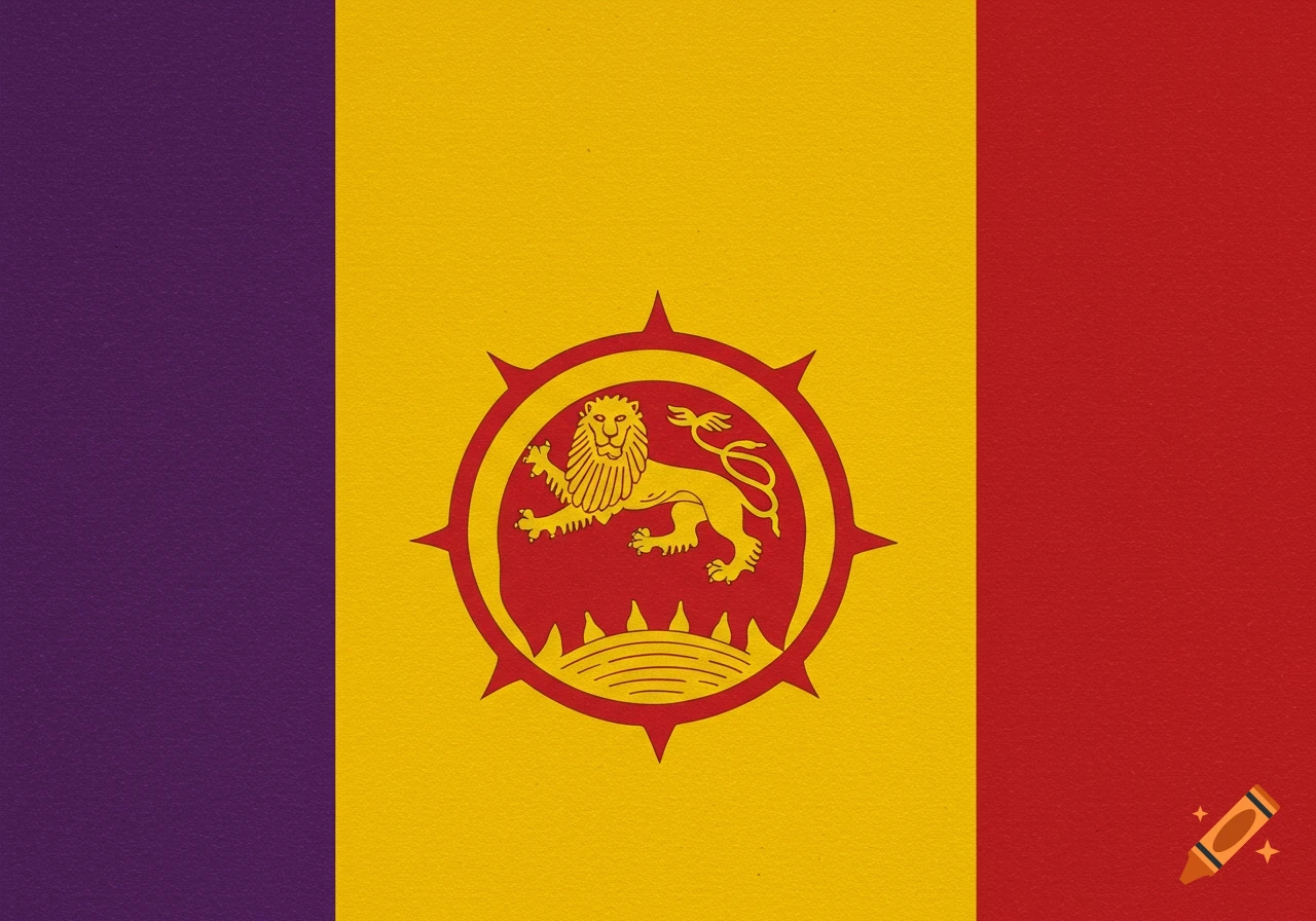 Flag with purple, yellow, and red vertical stripes and a red and yellow lion and sun symbol.