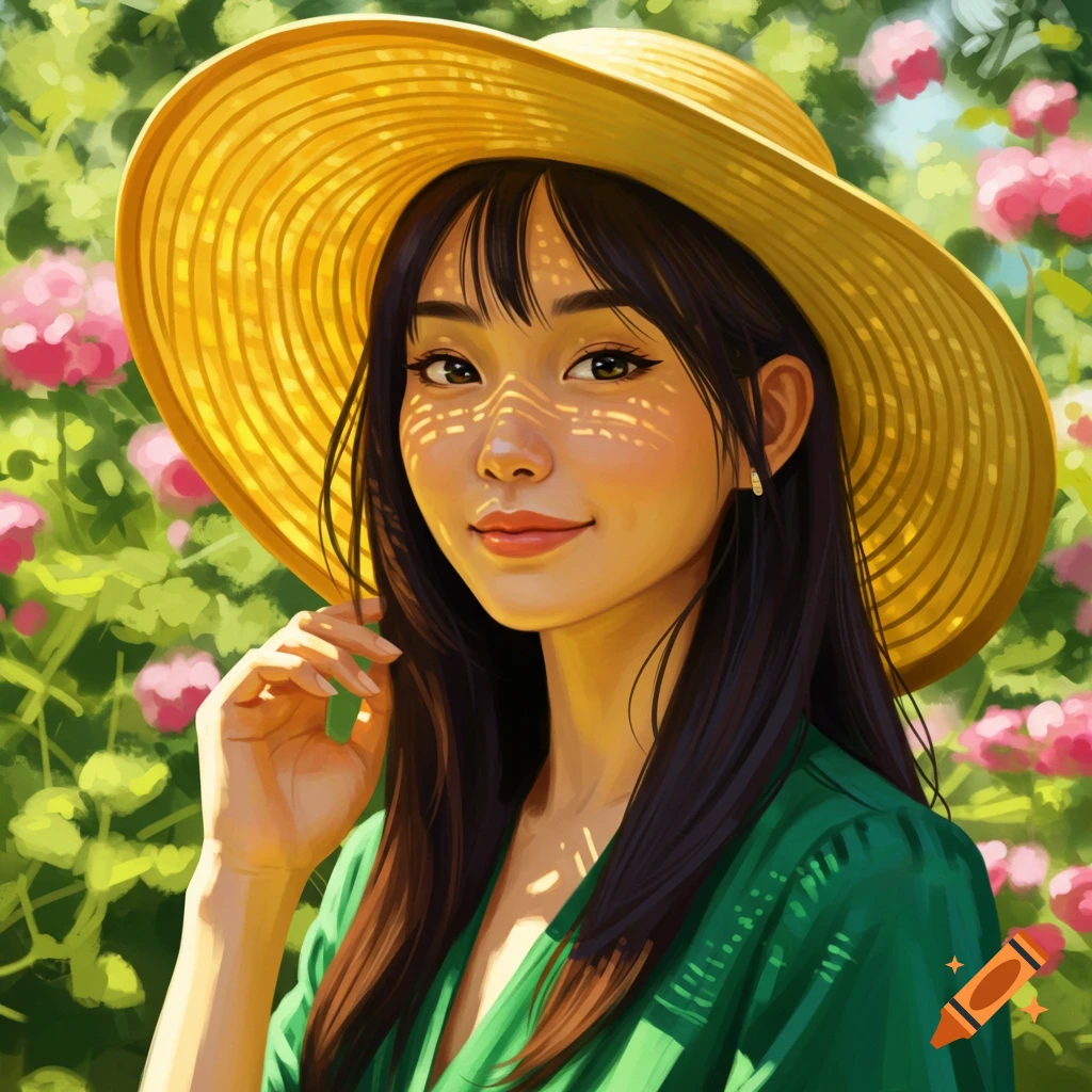 A woman in a yellow hat smiles in a sunny garden surrounded by pink flowers.