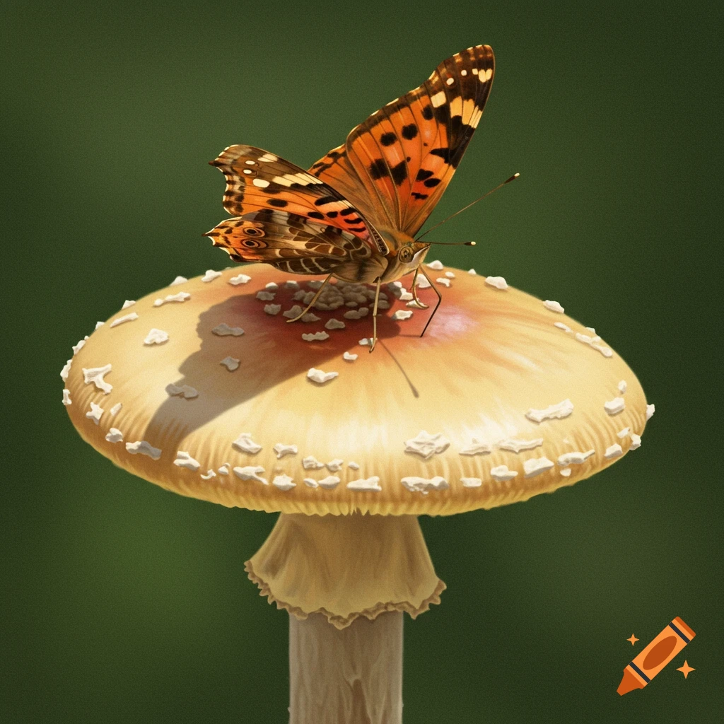 A painted lady butterfly sits atop a yellow Amanita muscaria mushroom.