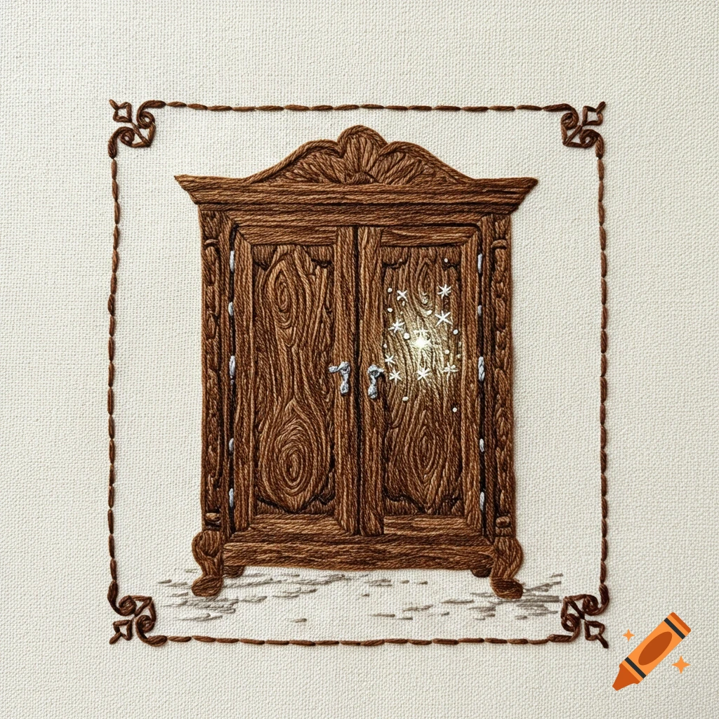 Embroidery of a wooden wardrobe with sparkling light, framed by stitches.
