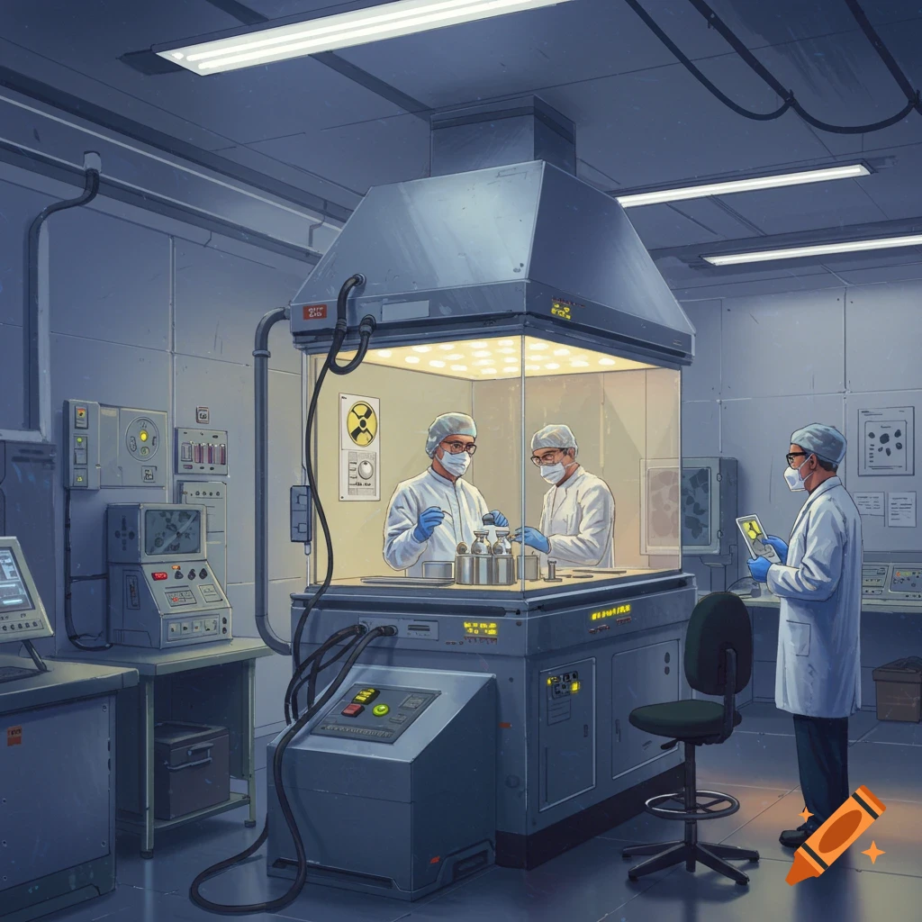 Three scientists in protective gear work with equipment in a laboratory, researching nuclear medicine.