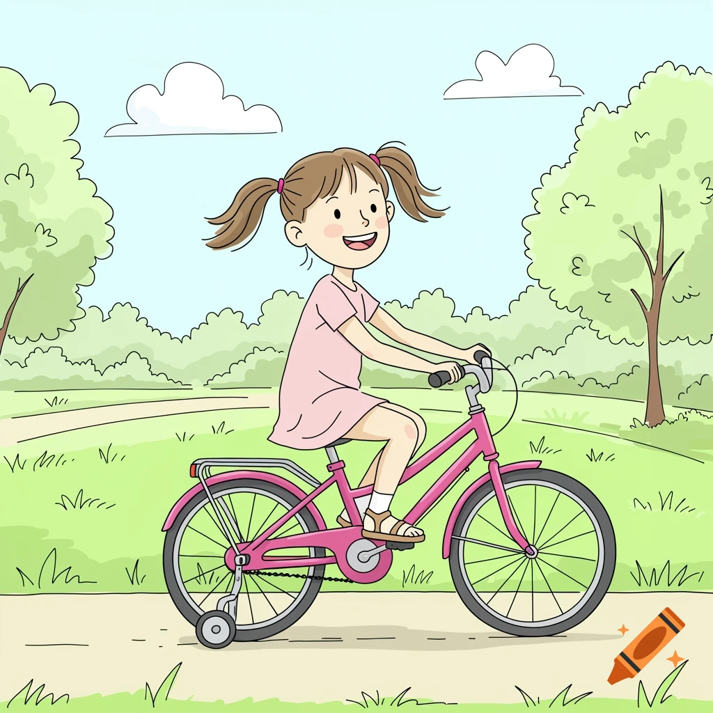 An illustration of a young girl riding a pink bicycle in a park.